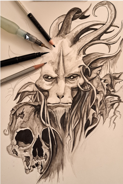dessin de monstre avec des sortes de tentacules sans ventouse, et un crâne en dessous